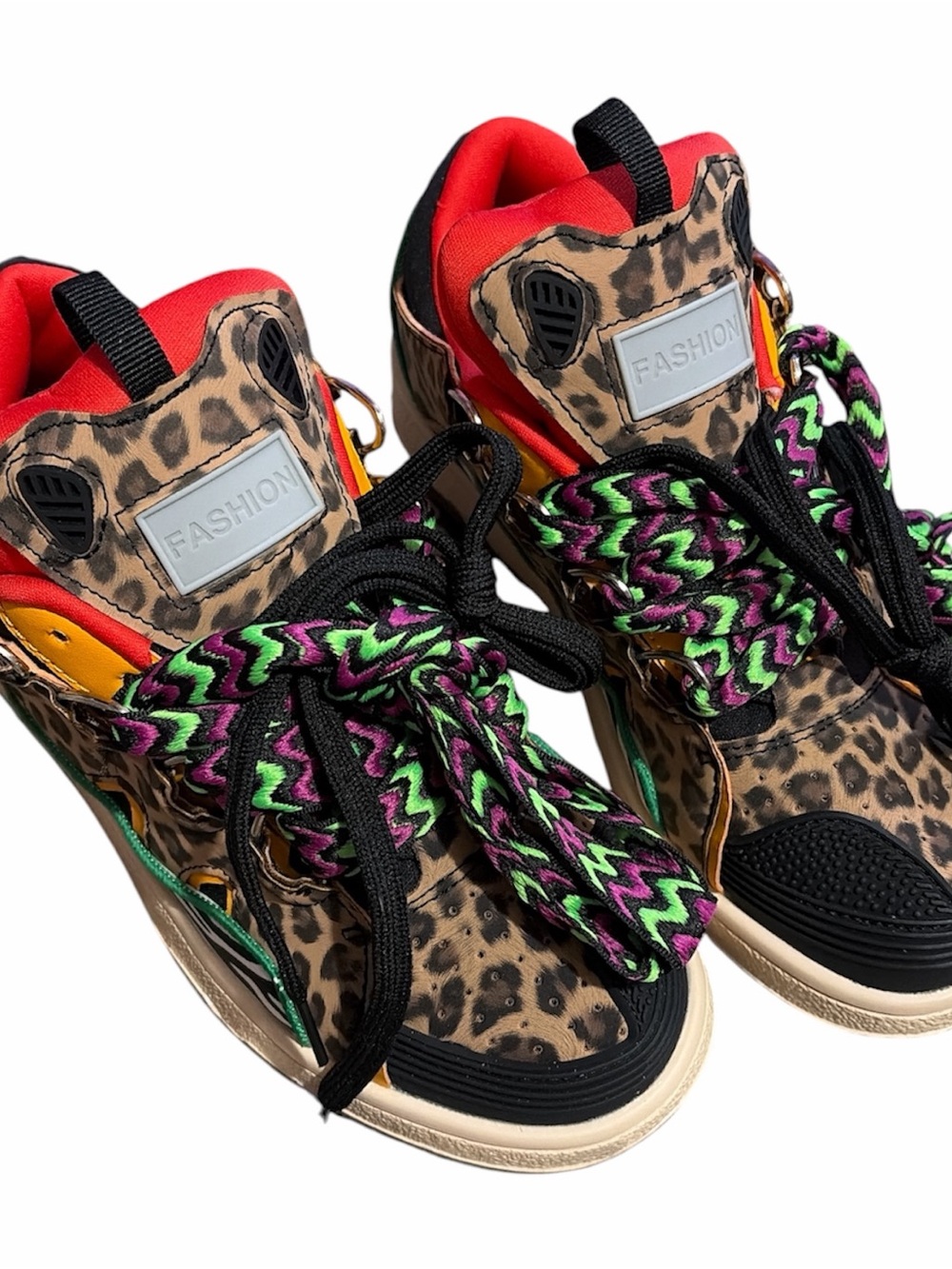 Fashion Leopard Print High-Top Sneakers in Brown with Multicolor Laces